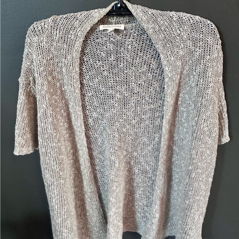 Eileen Fisher Open Knit Short Sleeve Cardigan Topper in Oatmeal size M